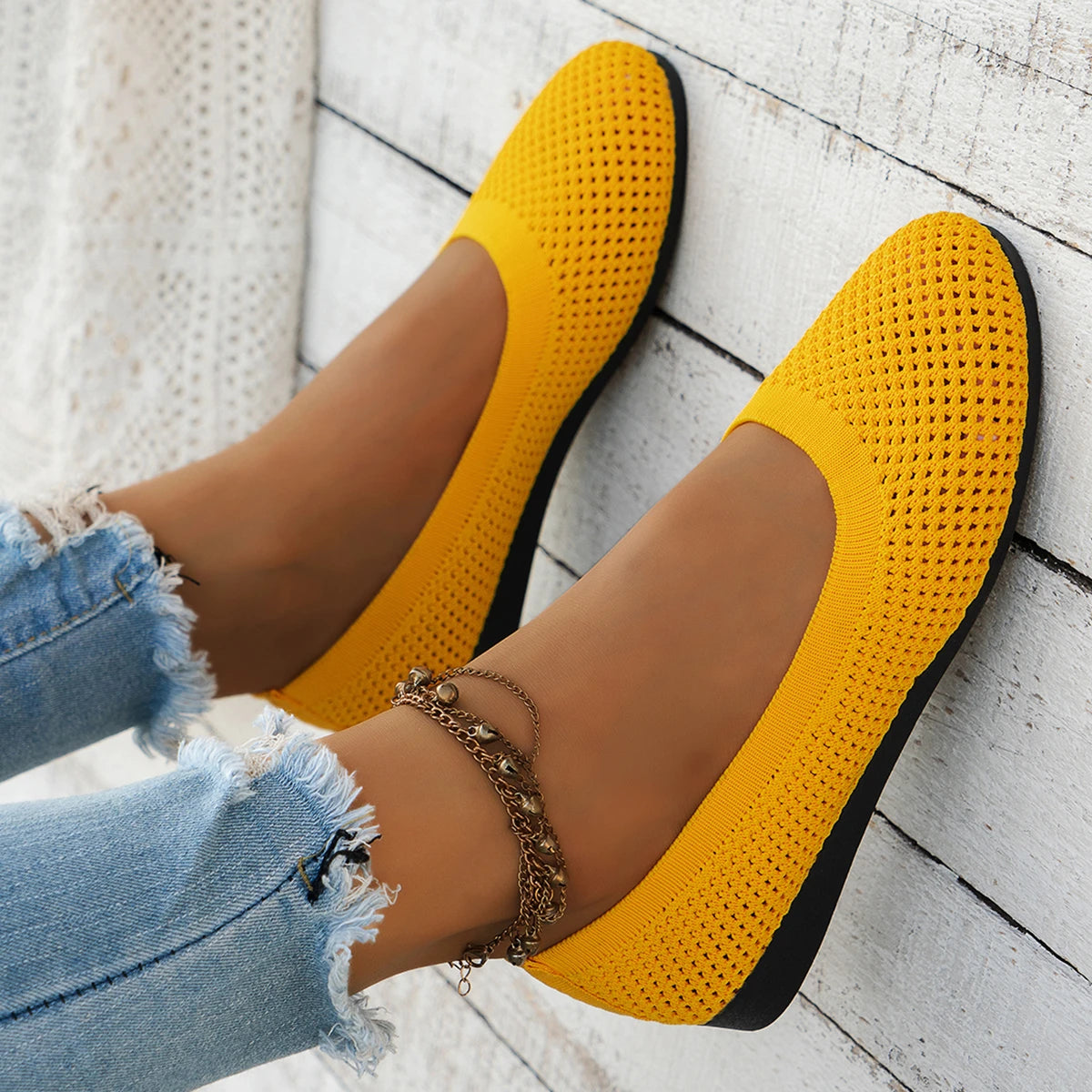 Women Round Toe Flat Shoes Solid Color Knitted Slip on Shoes Casual Breathable Ballet Flats Women Mesh Flat Shoes Loafers Woman