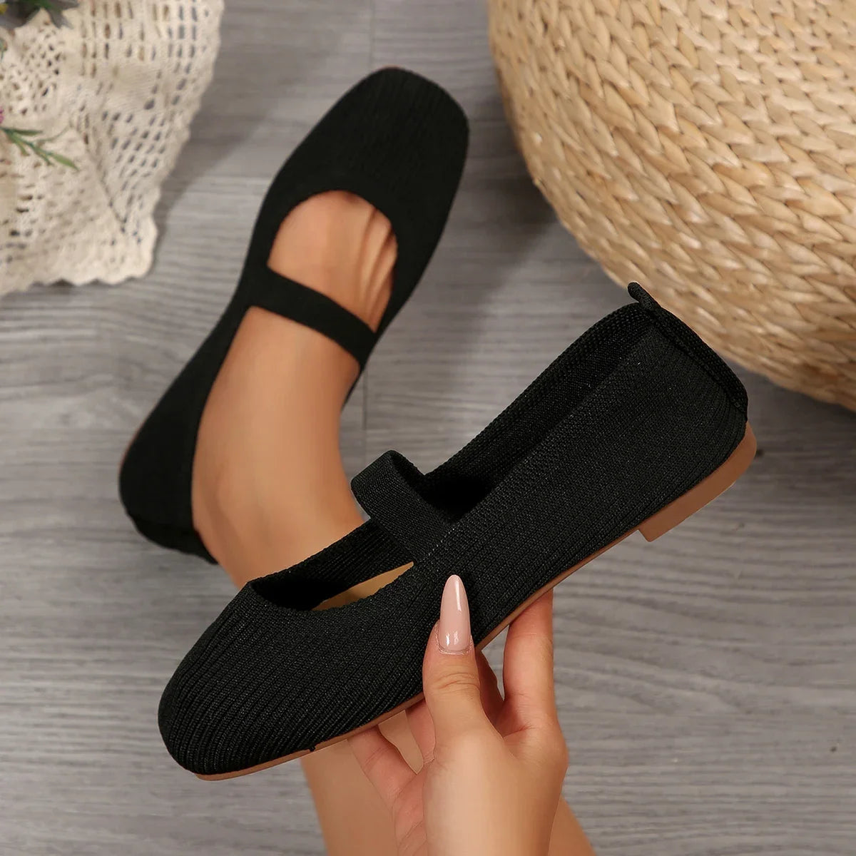 Women Casual Knitted Ballet Flats Shoes 2025 Comfortable Anti-slip Strap Loafers Mary Jane Lightweight Daily Walking Sneakers