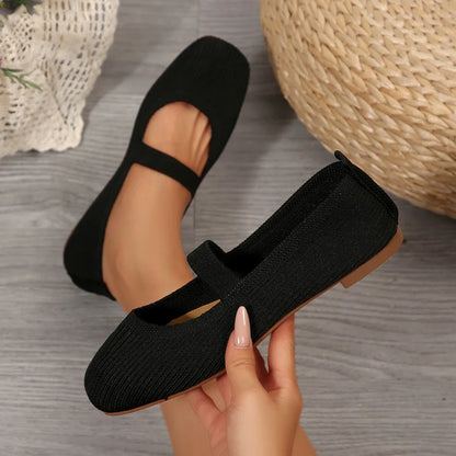 Women Casual Knitted Ballet Flats Shoes 2025 Comfortable Anti-slip Strap Loafers Mary Jane Lightweight Daily Walking Sneakers