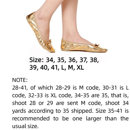 Professional Bowknot Belly Dancing Shoes Golden Leather Foldable Ballet Flats Round Toe Foldable Ballerina Flats Girls