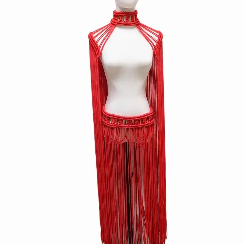 Leosoxs Tassel Hand Crochet Knitted Women Bikini Cover Ups Summer Holiday Beach Bathing Suit Sexy Hollow Out Skirts Matching Set