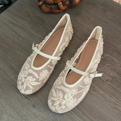 2026 New Women Mary Jane Flats Round Toe Floral Embroidered Mesh Strap Summer Comfortable Breathable Daily Walking Shoes
