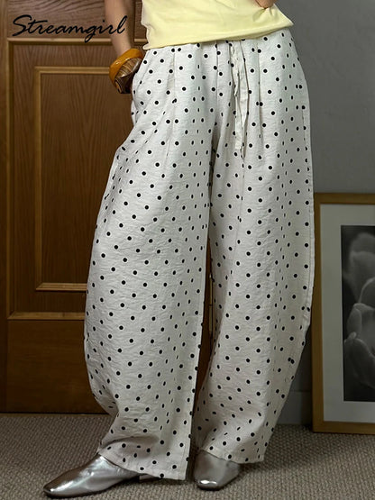 Black Polka Dot Linen Pants Women Wide Leg Summer Trousers Baggy For Ladies White Oversize Cotton Linen Pants Woman Wide