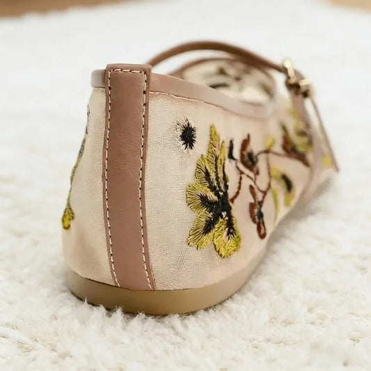 New Mesh Breathable Ballet Flats Women Luxury Designer Embroidered Flower Mary Jane Shoes Light Comfort Low Heeled Summer Flats
