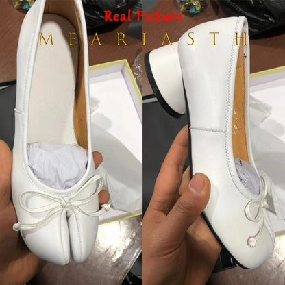 NEW Split Toe Tabi Shoes Size 43 Genuine Leather White Ballet Flats Women Low Heel Mary Janes Pumps Ballerinas Zapatos Mujer
