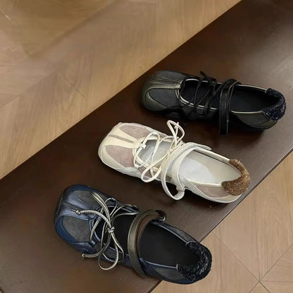 Women's ballet flats Fashion Korean ballet style lace-up retro casual shoes Comfortable lightweight ballet sneakers