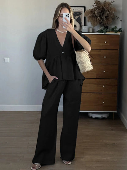 Mumaroho 2025 Women Spring Summer Holiday Pant Set Suits Cotton Solid Outfits V-neck 2 Two Piece Matching Set For Women
