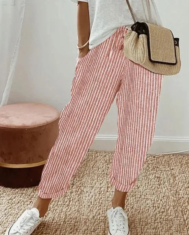 Women's Casual Striped Cotton Linen Pants Elastic Waist Loose Fit Cropped Trousers with Pockets Summer Beach Pants