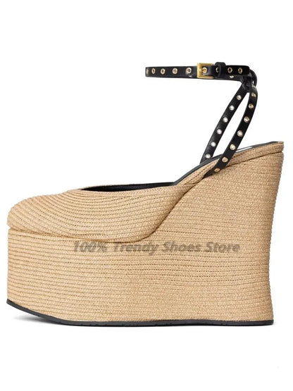 Straw Woven Wedge Sandals with Thick Sole Sponge Cake Ballet Round Toe Belt Buckle and Empty High Heels for Women