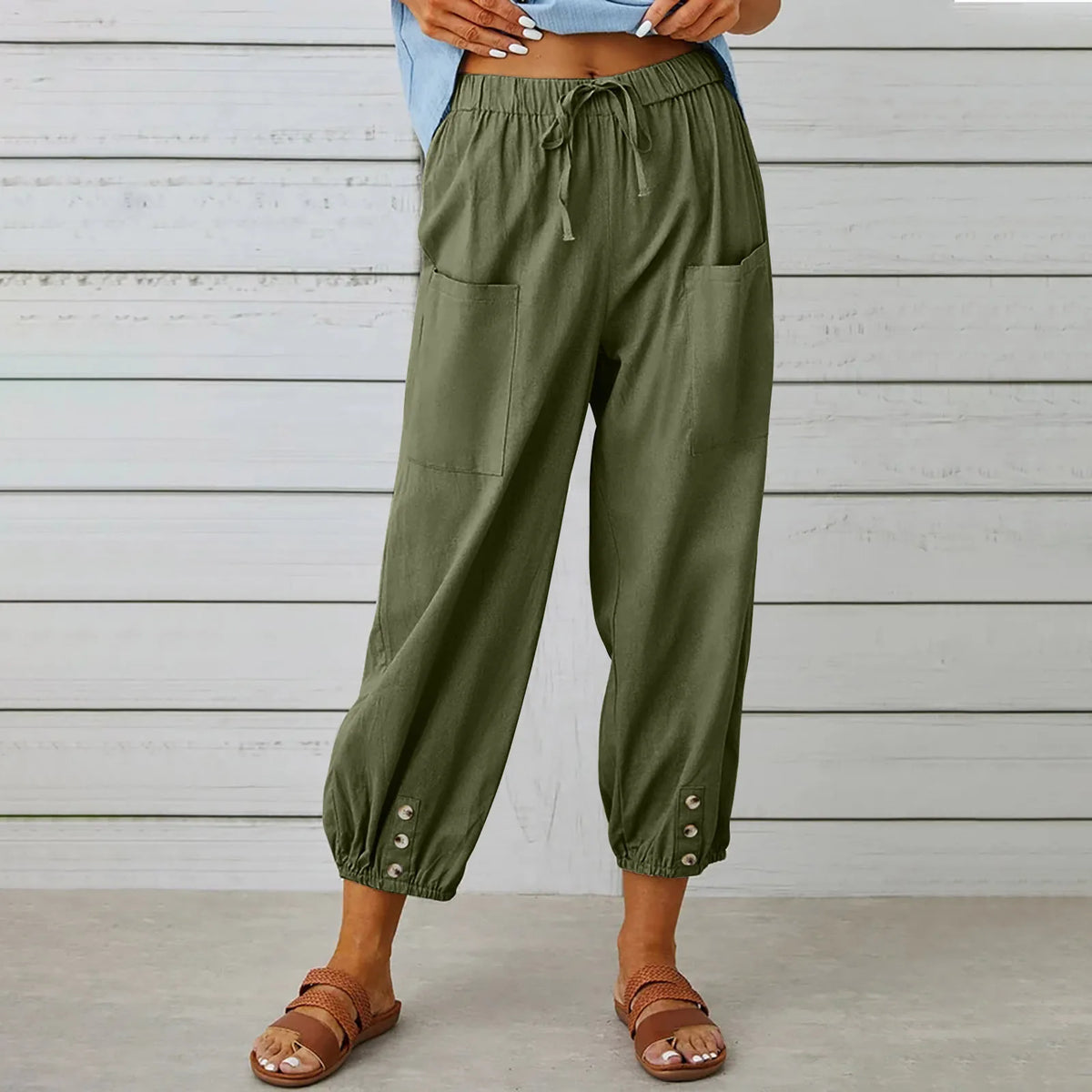 2024 New loose fitting high waisted button cotton and linen pants from Europe and America cropped pants wide leg women's pants