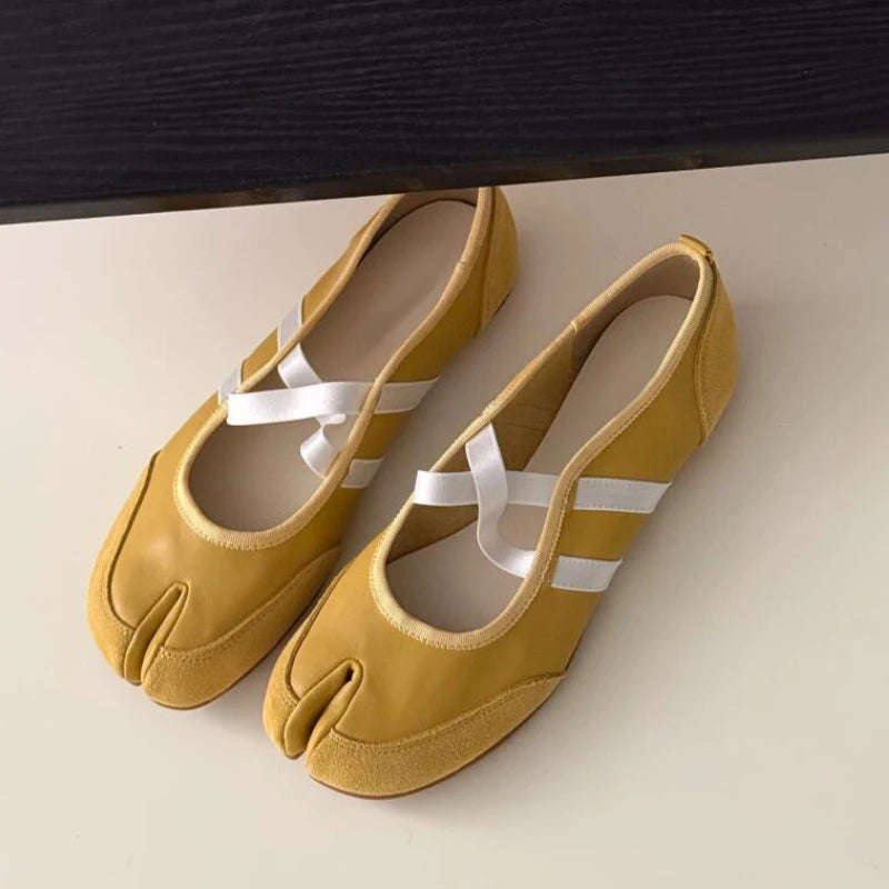 Split-Toe Casual Ballet Flats Shoes Women Pu Leather Cross Band Mary Janes Shoes Spring Autumn Streetwear Elegant Loafers New