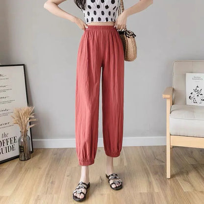 Women Casual Loose Cozy Harem Pants for 2026 New Summer Elastic Waist Beach Linen Pants Solid Color All-match Lantern Trousers