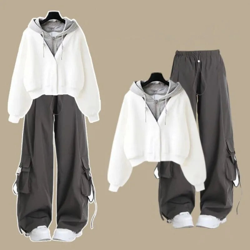 2026 Girl Spring Autumn New Casual Tracksuit Matching Set Korean Elegant Fake Two-piece Hooded Sweatshirt+Loose Cargo Pants Suit