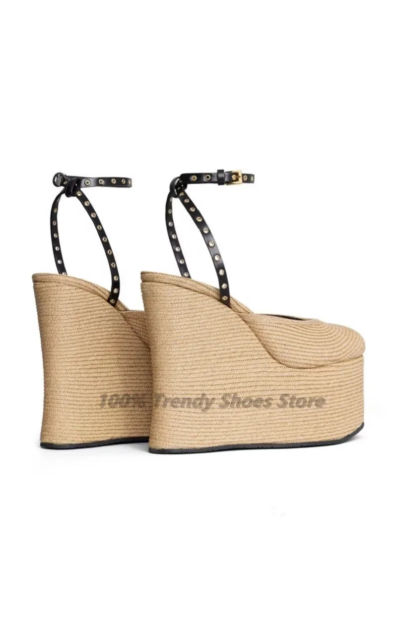 Straw Woven Wedge Sandals with Thick Sole Sponge Cake Ballet Round Toe Belt Buckle and Empty High Heels for Women