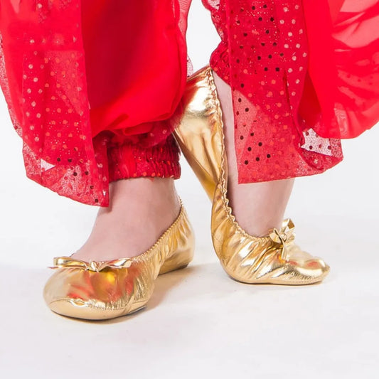 Professional Bowknot Belly Dancing Shoes Golden Leather Foldable Ballet Flats Round Toe Foldable Ballerina Flats Girls