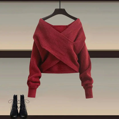 2026 Female Elegant Winter New Cross Knitted Sweater+Bottom Shirt+Black Strap Dress 3-Piece Suit Women Chic Hoodie Matching Set