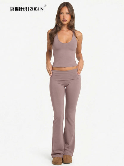 2 Piece Yoga Set Women Foldover Waist Flare Pants Bell Bottoms Tank Top Matching Set Gym Workout Fitness Wear Lounge Wear Suit