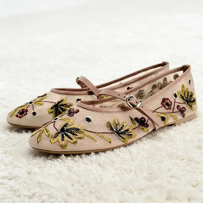 Summer Mesh Embroidered Flower Ballet Flats Women Light Breathable Mary Jane Shoes Luxury Designer Flats Comfortable Casual Shoe