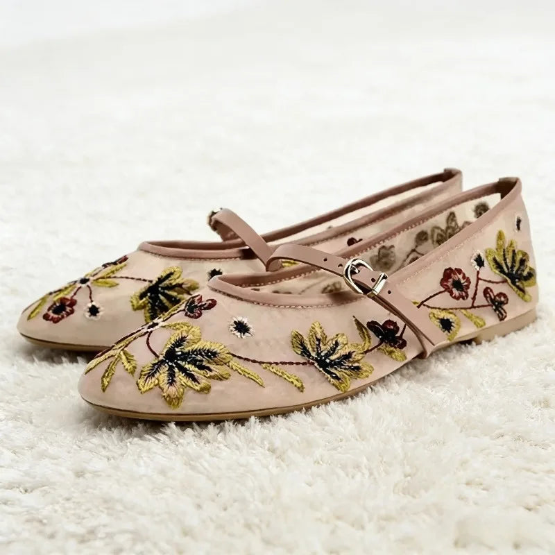 New Mesh Breathable Ballet Flats Women Luxury Designer Embroidered Flower Mary Jane Shoes Light Comfort Low Heeled Summer Flats