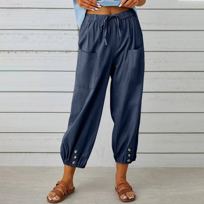 New loose fit high waisted buttoned cotton and linen pants, 9/10 Wide leg women's pants