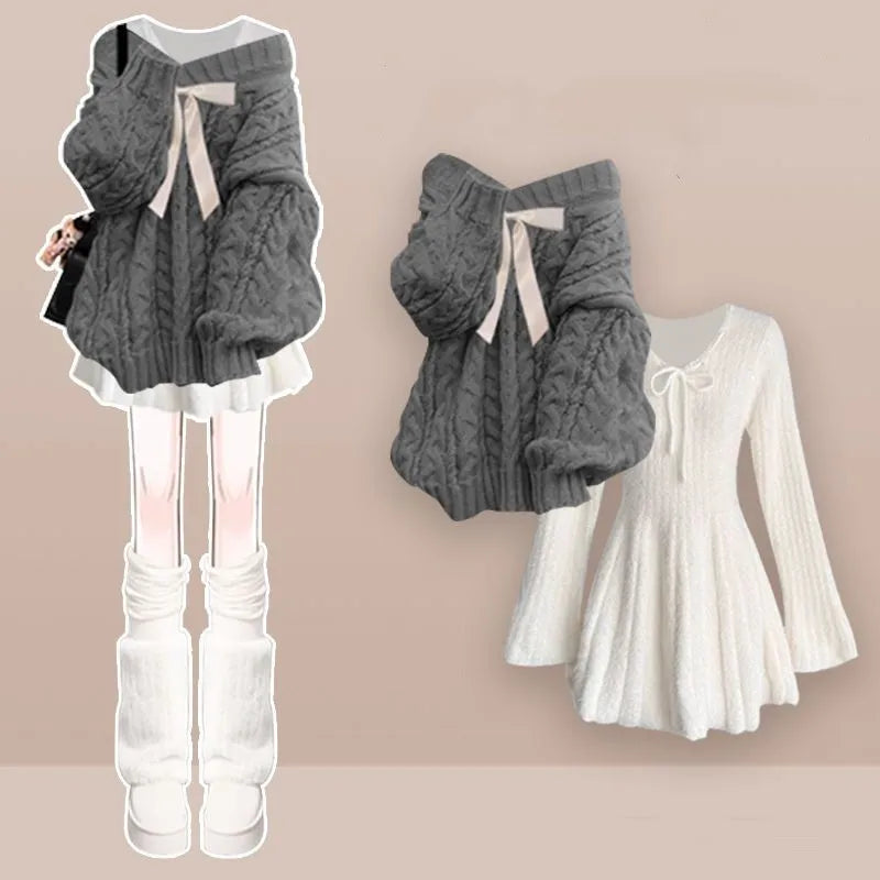 Women's 2026 Winter New Fashion Knitted Sweater Midi Skirt Matching Set Korean Elegant Pullover+Long-sleeve Dress Two Piece Suit