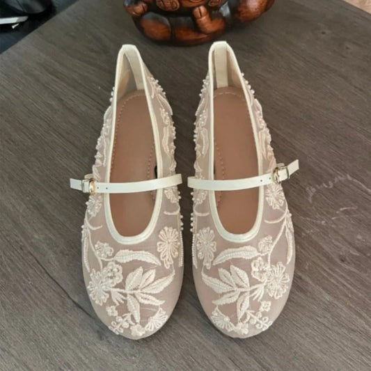 2026 New Women Mary Jane Flats Round Toe Floral Embroidered Mesh Strap Summer Comfortable Breathable Daily Walking Shoes