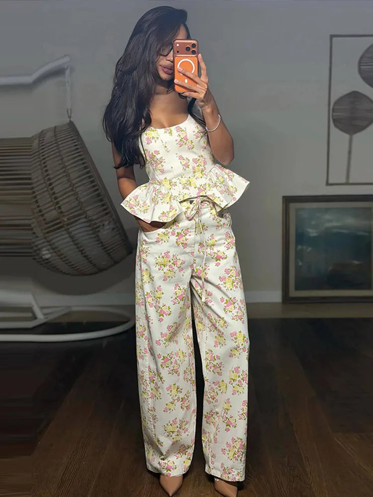 Women Pants Sets Peplum Matching Set Floral Print Vest Sleeveless Top Wide Leg Trousers 2-Piece Outfit Spring Woman Clothes