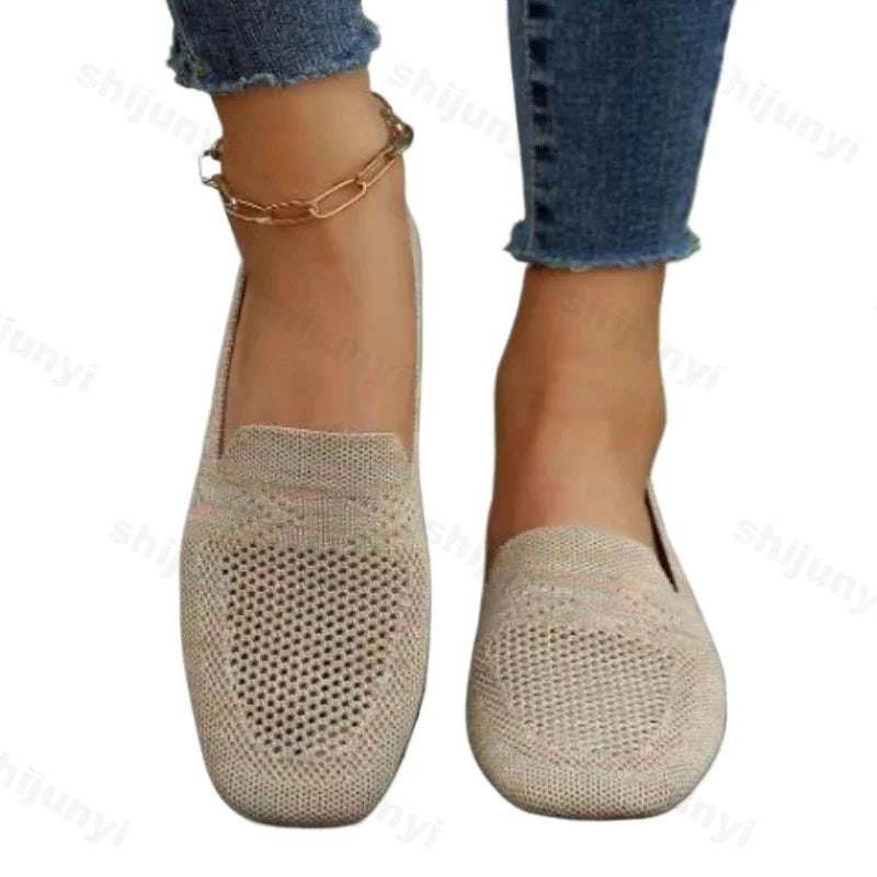2024 Solid Color Square Toe Mesh Loafers Shallow Women Flats Shoes Soft Bottom Knit Ballet Flats Shoes Casual Slip on Boat Shoes
