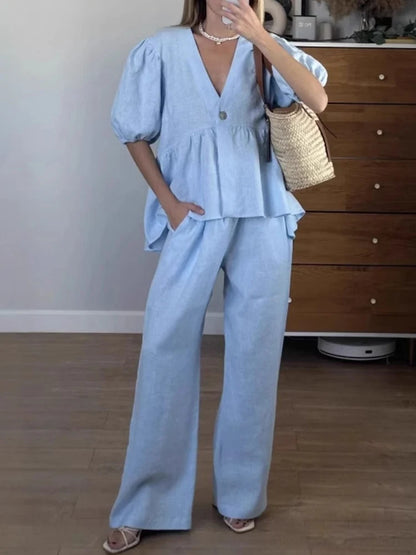 Mumaroho 2025 Women Spring Summer Holiday Pant Set Suits Cotton Solid Outfits V-neck 2 Two Piece Matching Set For Women