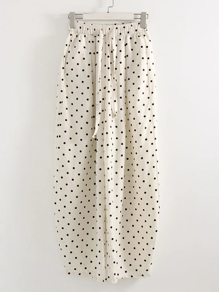 Black Polka Dot Linen Pants Women Wide Leg Summer Trousers Baggy For Ladies White Oversize Cotton Linen Pants Woman Wide