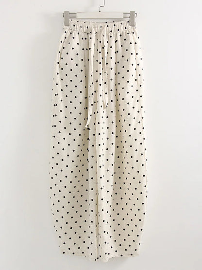 Black Polka Dot Linen Pants Women Wide Leg Summer Trousers Baggy For Ladies White Oversize Cotton Linen Pants Woman Wide