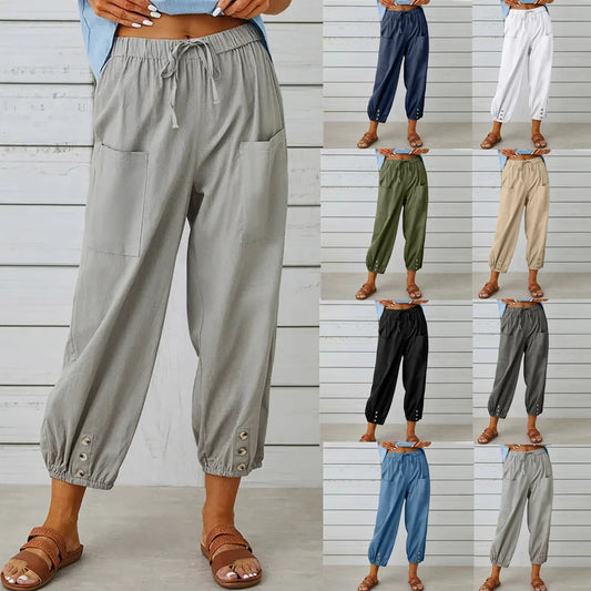 New loose fit high waisted buttoned cotton and linen pants, 9/10 Wide leg women's pants