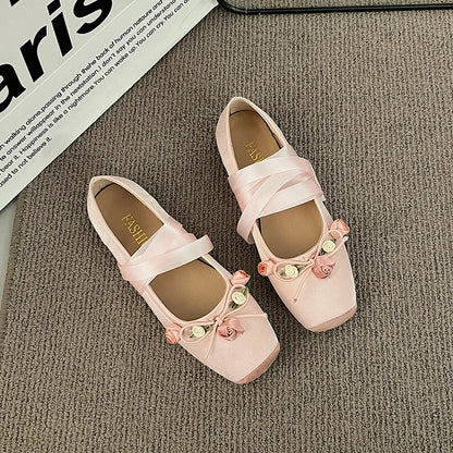 Luxury  Lace Tie Leg Satin Silk Ballet Flats Woman Square Toe Bowknot Elastic Band Ballerinas Ladies Wedding  Floral Shoes