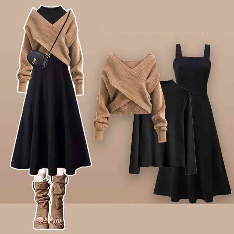 2026 Female Elegant Winter New Cross Knitted Sweater+Bottom Shirt+Black Strap Dress 3-Piece Suit Women Chic Hoodie Matching Set