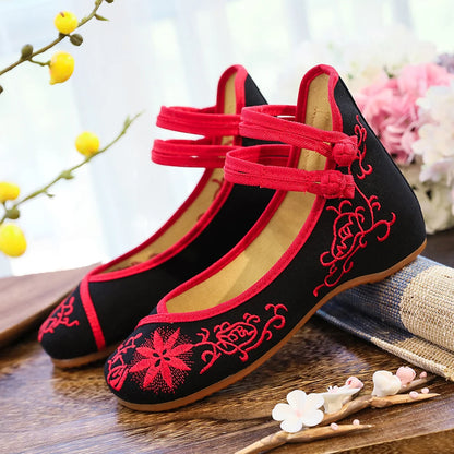 Veowalk Sunflower Embroidered Women Canvas Ballet Flats Ankle Strap Ladies Casual Cotton Chinese Embroidery Ballerina Shoes