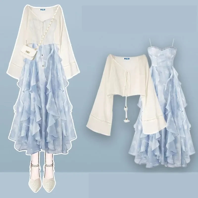 Women's Summer New Elegant Chiffon Sunscreen Shirt+Strap Skirt Two piece Suit 2026 Lady Korean Fashion Sexy Dress Matching Set