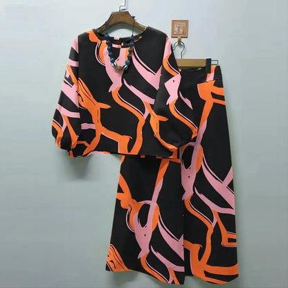 2024 Spring Autumn New Women's Fashion Geometric Printed Casual Matching Set Bohemian Top Wide Leg Pants 2-piece Set