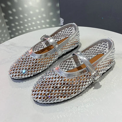 Luxury Crystal Rhinestone Fishnet Ballet Flats Woman Brand Design Rivet Mesh Mary Jane Shoes Ladies Summer Loafers Plus Size 42