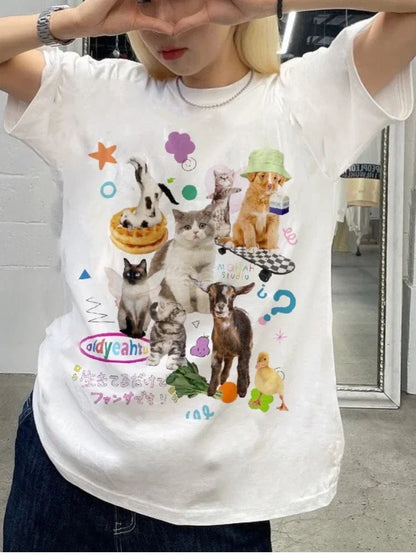 Retro Harajuku Fashion Women Shirt Cute Milk Cat Graphic T-Shirts Oversized Tee Y2k Aesthetic Female Tees Streetwear Tops