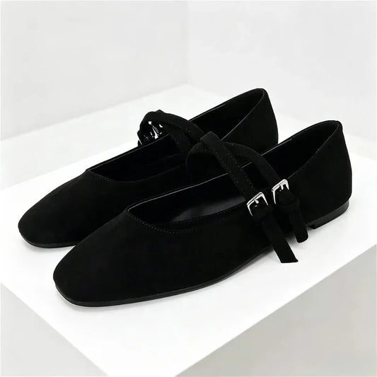 Black Round Toe Ballet Flats Women Fashion Double Buckle Design Elegant Mary Jane Shoes Comfort Shallow Designer Shoes Sandals