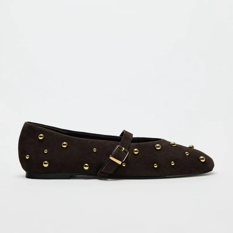 Flat Shoes for Women Spring/autumn Brown Imitation Suede Studded Round Toe Ballet Flats with Straight Stripes Mary Jane Pumps