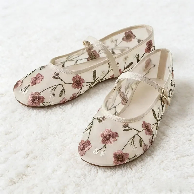Summer Mesh Embroidered Flower Ballet Flats Women Light Breathable Mary Jane Shoes Luxury Designer Flats Comfortable Casual Shoe