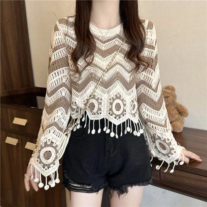 Zig Zag Crochet Sweater Tassel Details Long Sleeve Open-stitch Knit Top Pullover for Women Teen-girl Boho Vacation Outfit