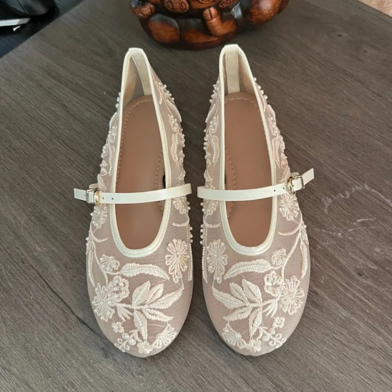 Women's Ballet Flats Ballerina Shoes 2025 Summer New White Mary Jane Comfortable Embroidered Mesh Buckle Strap Elegant