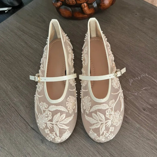 Women's Ballet Flats Ballerina Shoes 2025 Summer New White Mary Jane Comfortable Embroidered Mesh Buckle Strap Elegant