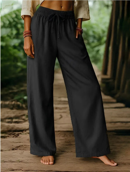 Women's Elastic Waist Linen Pants - Solid Color Wide Leg Trousers, Breathable Loose Fit Palazzo Pants