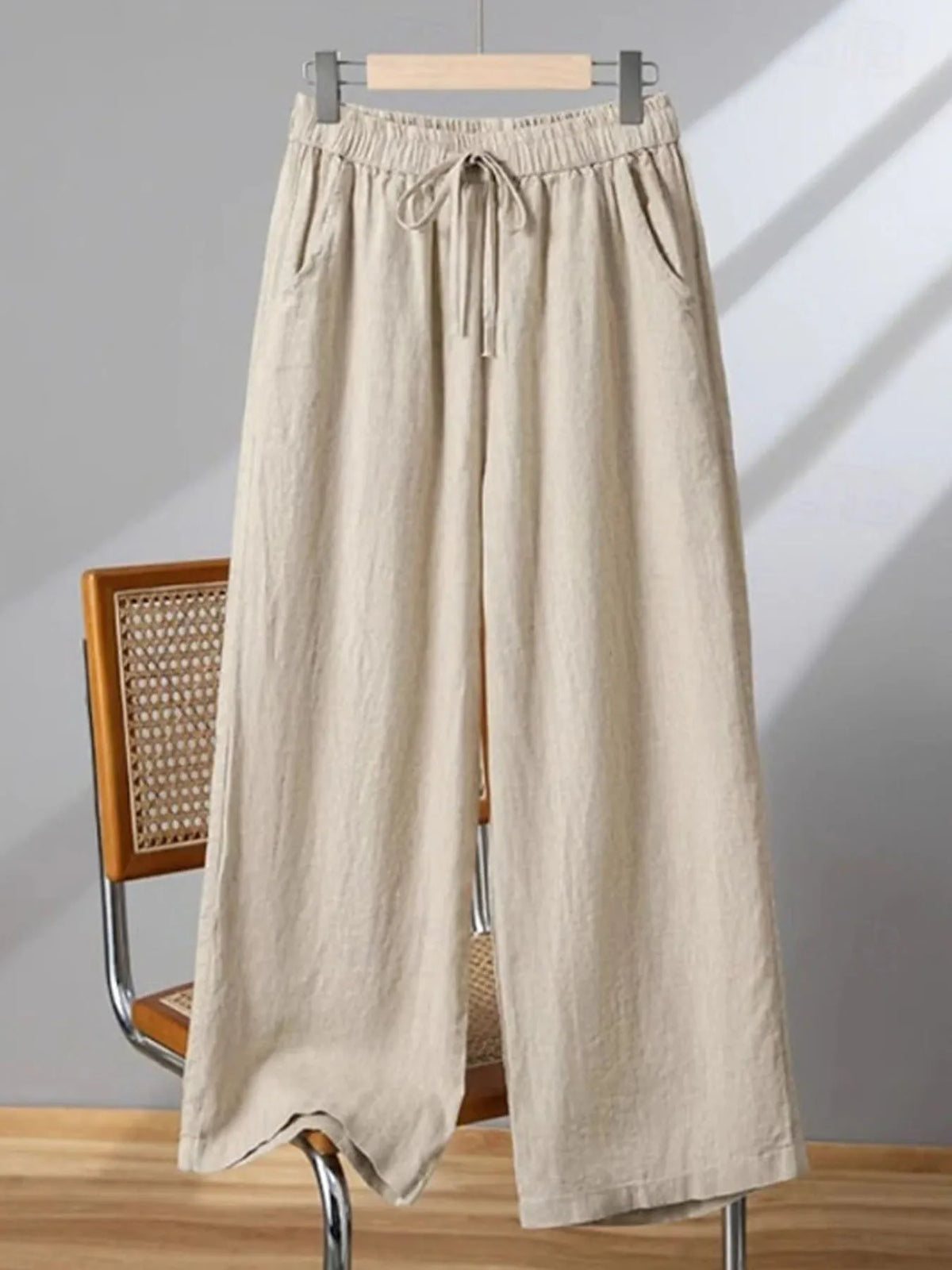 Women's Elastic Waist Linen Pants - Solid Color Wide Leg Trousers, Breathable Loose Fit Palazzo Pants