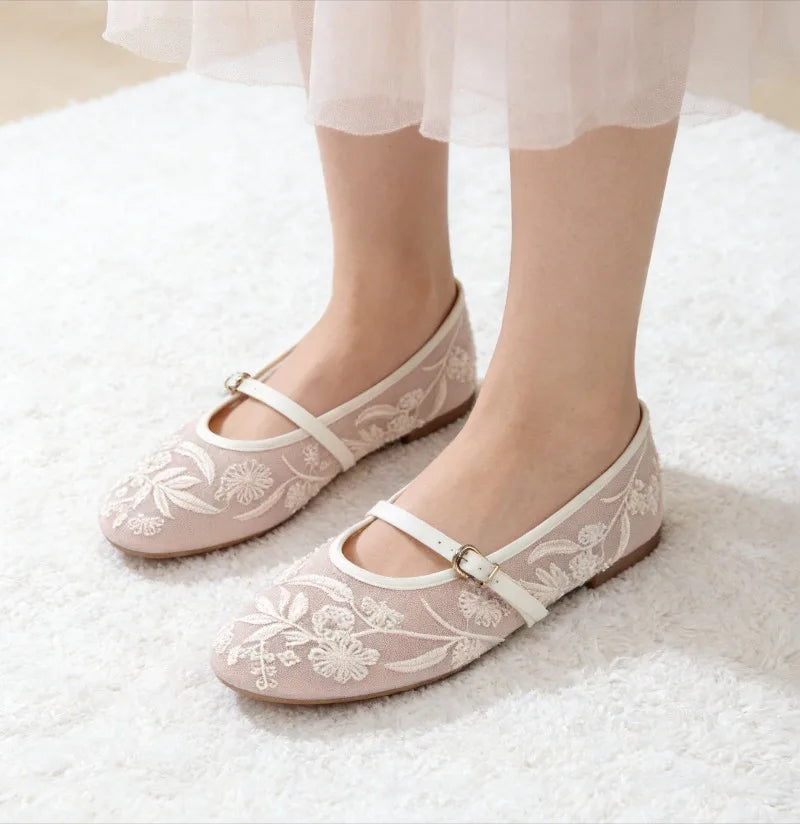 Embroidery Pearl Mesh Ballet Flats Women Fashion Hollow Round Toe Flat Sandals Elegant Comfortable Belt Buckle Mary Jane Shoes