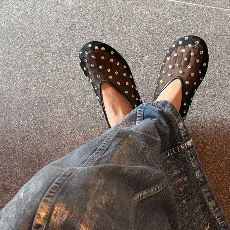 Fashion Crystal Women Ballet Flats Mesh Dance Flat Shoes Casual Driving Walking Loafers Espadrilles Ladies Slip-on Lazy Shoes