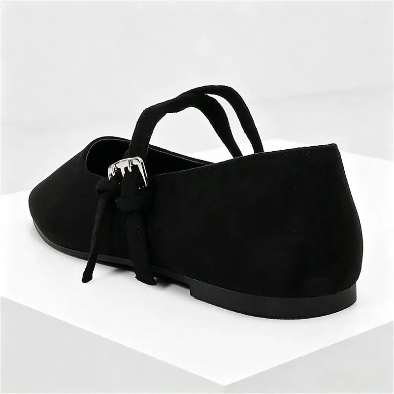 Black Round Toe Ballet Flats Women Fashion Double Buckle Design Elegant Mary Jane Shoes Comfort Shallow Designer Shoes Sandals